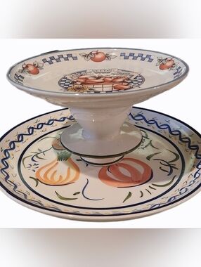 Hand-made Ceramic Two-Tier  Serving Stand with Apple, Sunfl Fruit & Onion Motifs